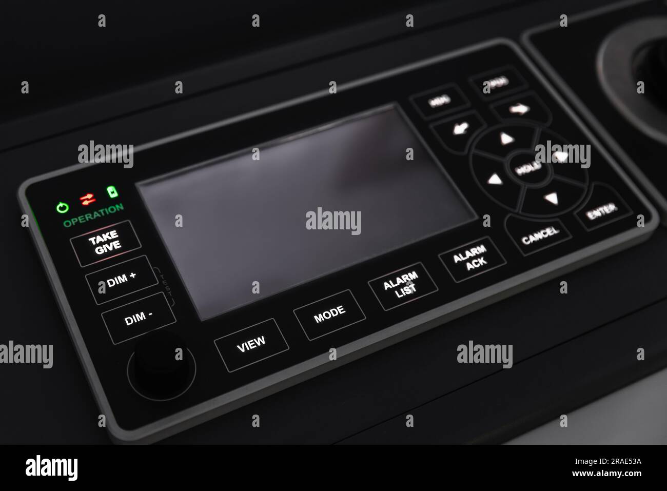 Ship alarm equipment with touch screen and buttons built in black boat dashboard Stock Photo