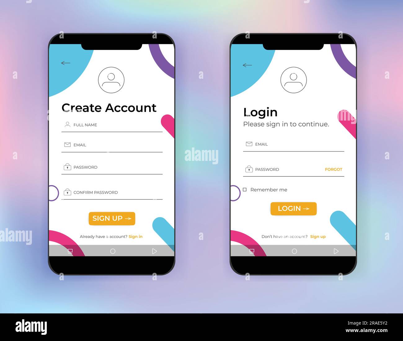 Log In form template set. Sign In with Facebook, Google, Apple. Isolated  login, sign in forms on white background. Website or App account connexion  page with email, passeword. UI vector Illustration. Stock