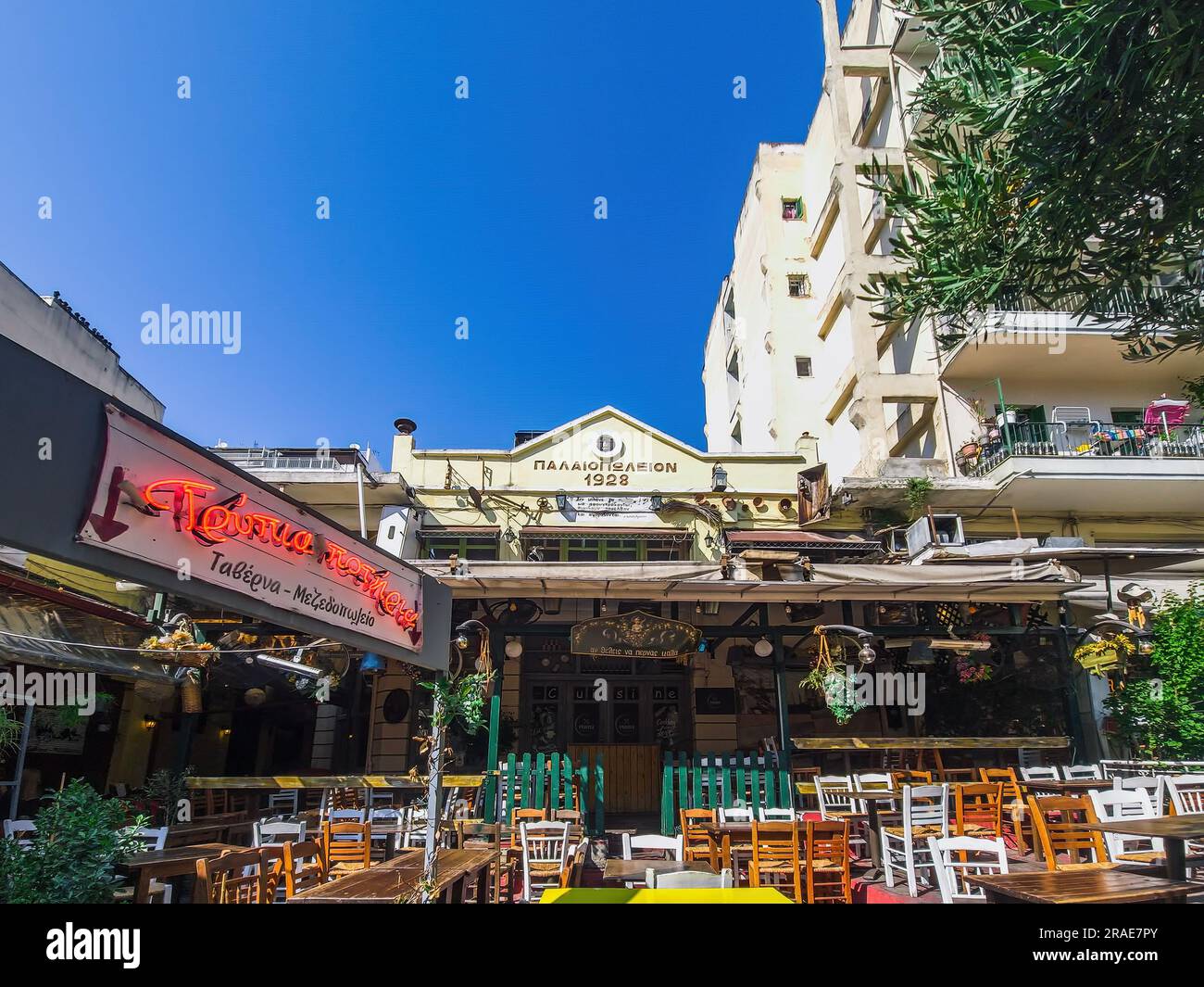 Thessaloniki, Greece day view of the empty traditional outdoor seating