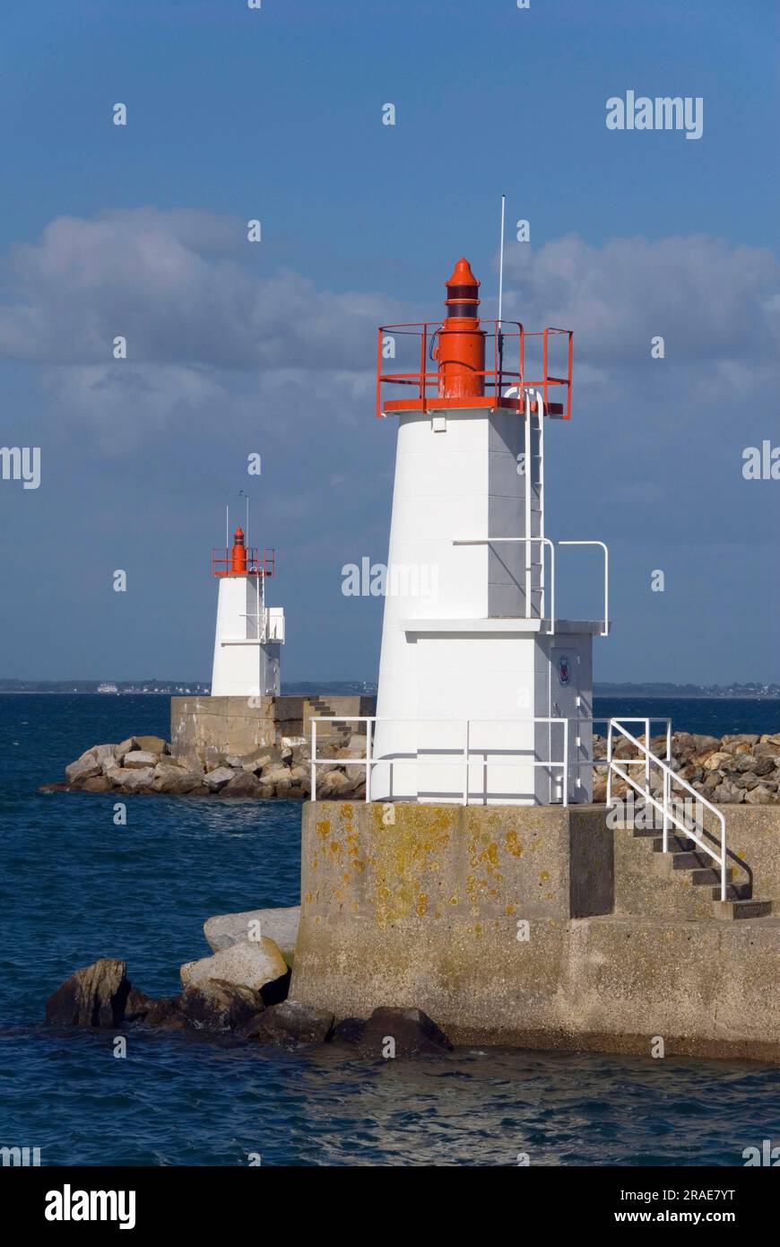 Lighthouses at harbour entrance, Haliguen harbour, Quiberon peninsula, Cote Sauvage, Morbihan, Brittany, France Stock Photo