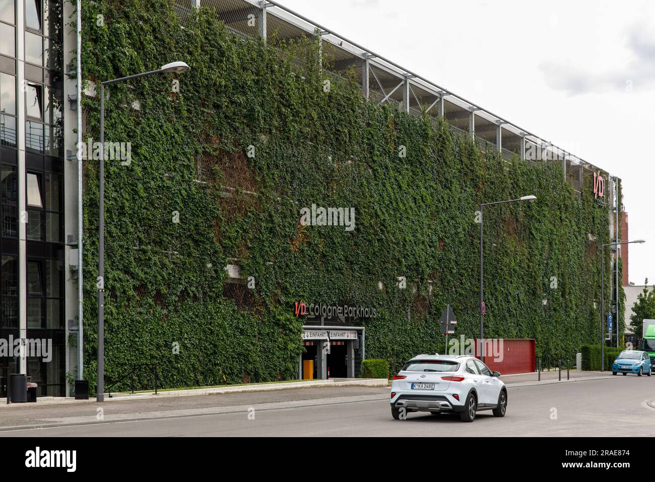 parking garage on Peter-Huppertz street in the I/D Cologne quarter in the district Muelheim, the facade is planted with about 5000 plants on 2000 squa Stock Photo