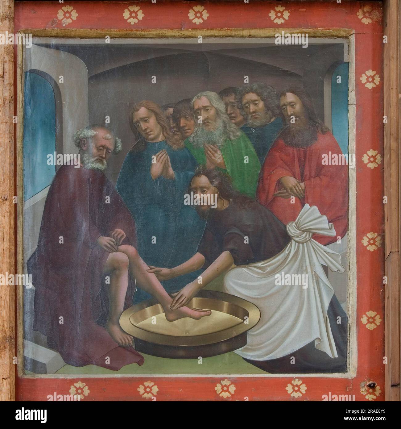 Gothic painting 'Jesus washes the feet of his disciples, Prejmer, Transylvania, Transylvania, altar, at the winged altar, fortified church, Tartlau Stock Photo