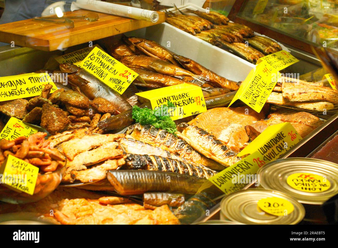 Fish shop, old market hall, Helsinki, smoked fish, Finland Stock Photo