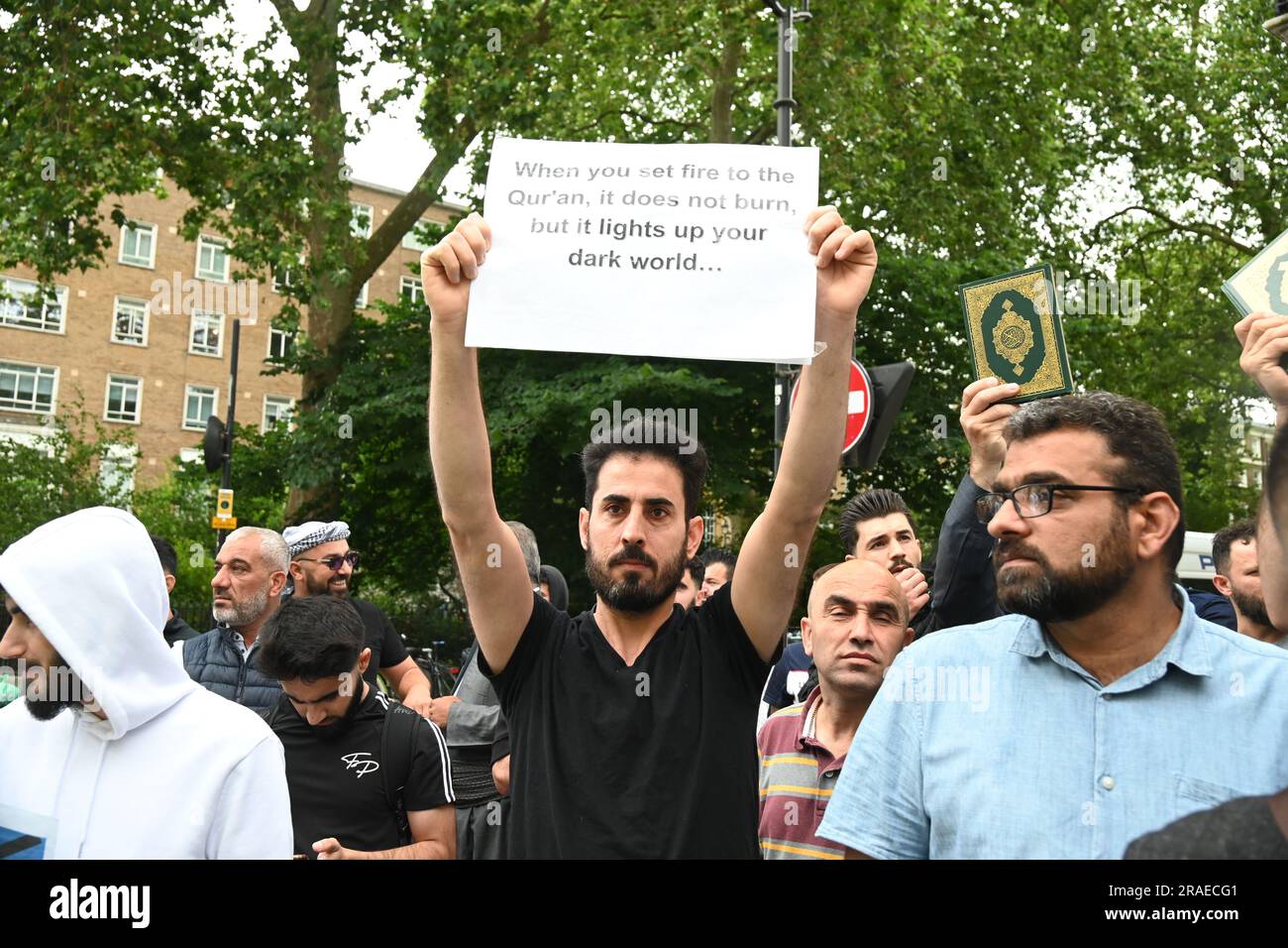 Sweden embassy, London, UK. 3rd July, 2023. Kurdish community Protest against Quran burning in Sweden by a Iraqi a former Muslim. Although Swedish Ministry of Foreign Affairs in its strong rejection of the burning of a Quran by an individual in Sweden. Why the Muslim still protesting, London, UK. Credit: See Li/Picture Capital/Alamy Live News Stock Photo