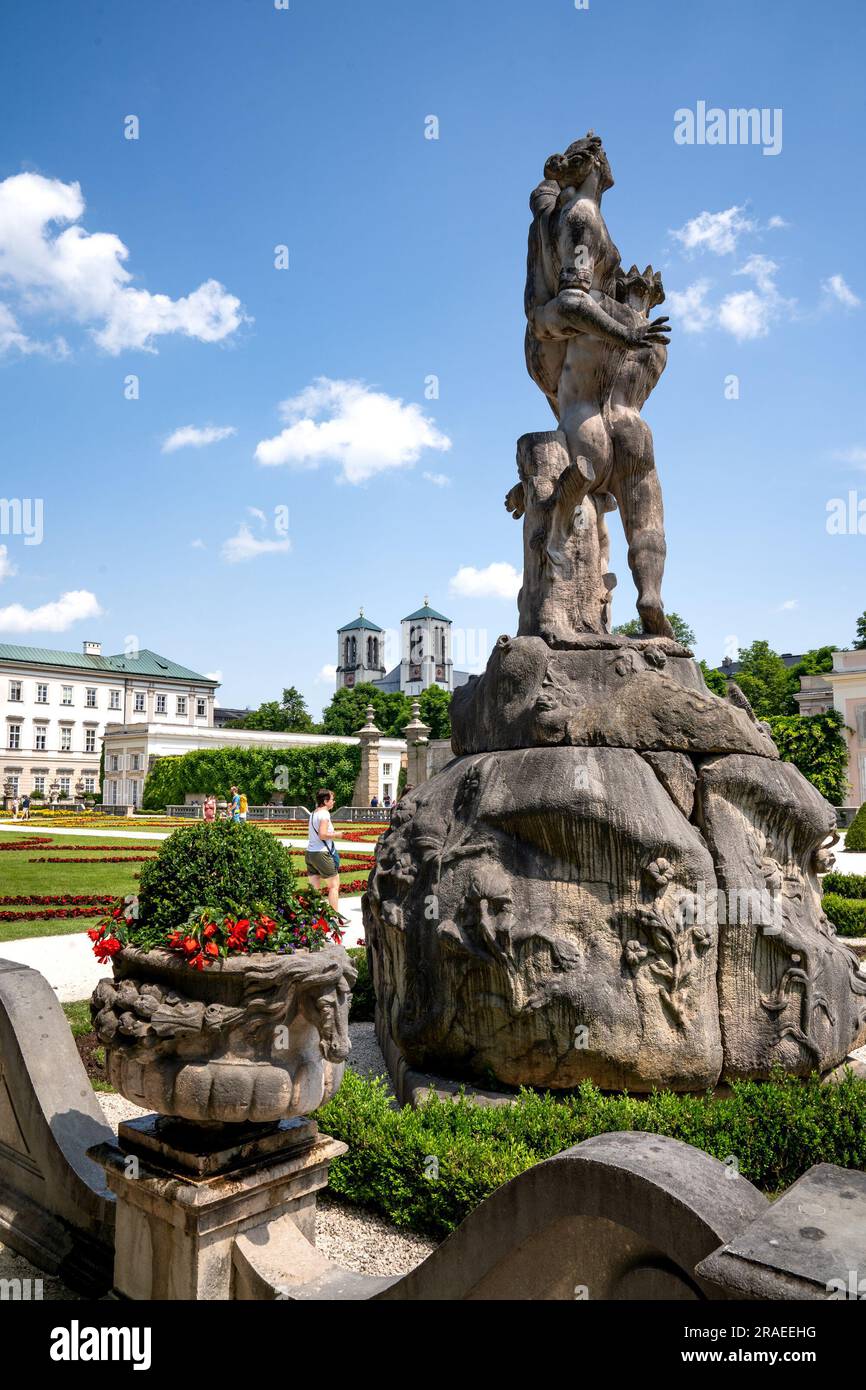 Salzburg, AT – June 7, 2023 View of a group of statues designed by Ottavio Mosto in 1690. Placed around the Mirabell Palace’s Grand Fountain, symboliz Stock Photo