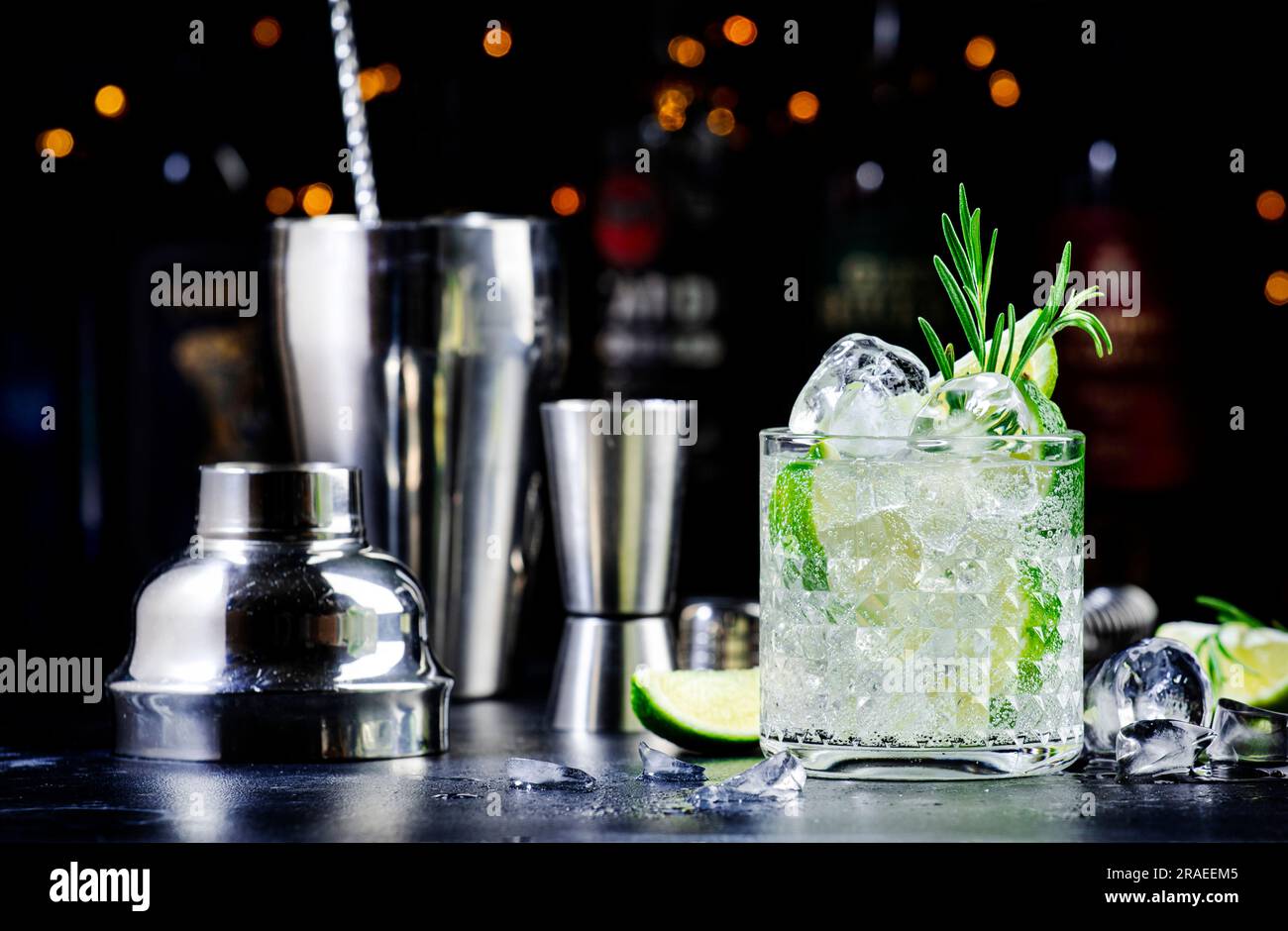 Gin fizz alcohol cocktail drink with dry gin, lime juice, sugar syrup, soda, rosemary and ice