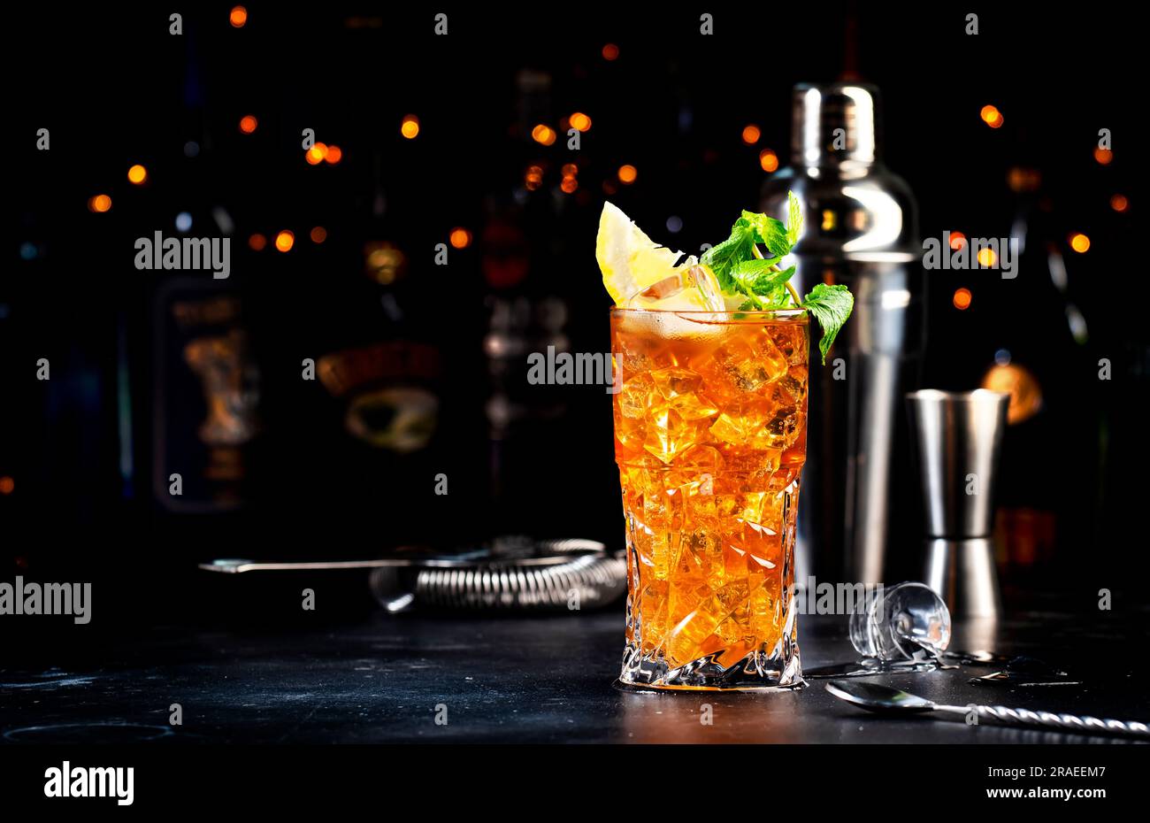 Boston tea alcoholic cocktail drink with white rum, dry gin, vodka