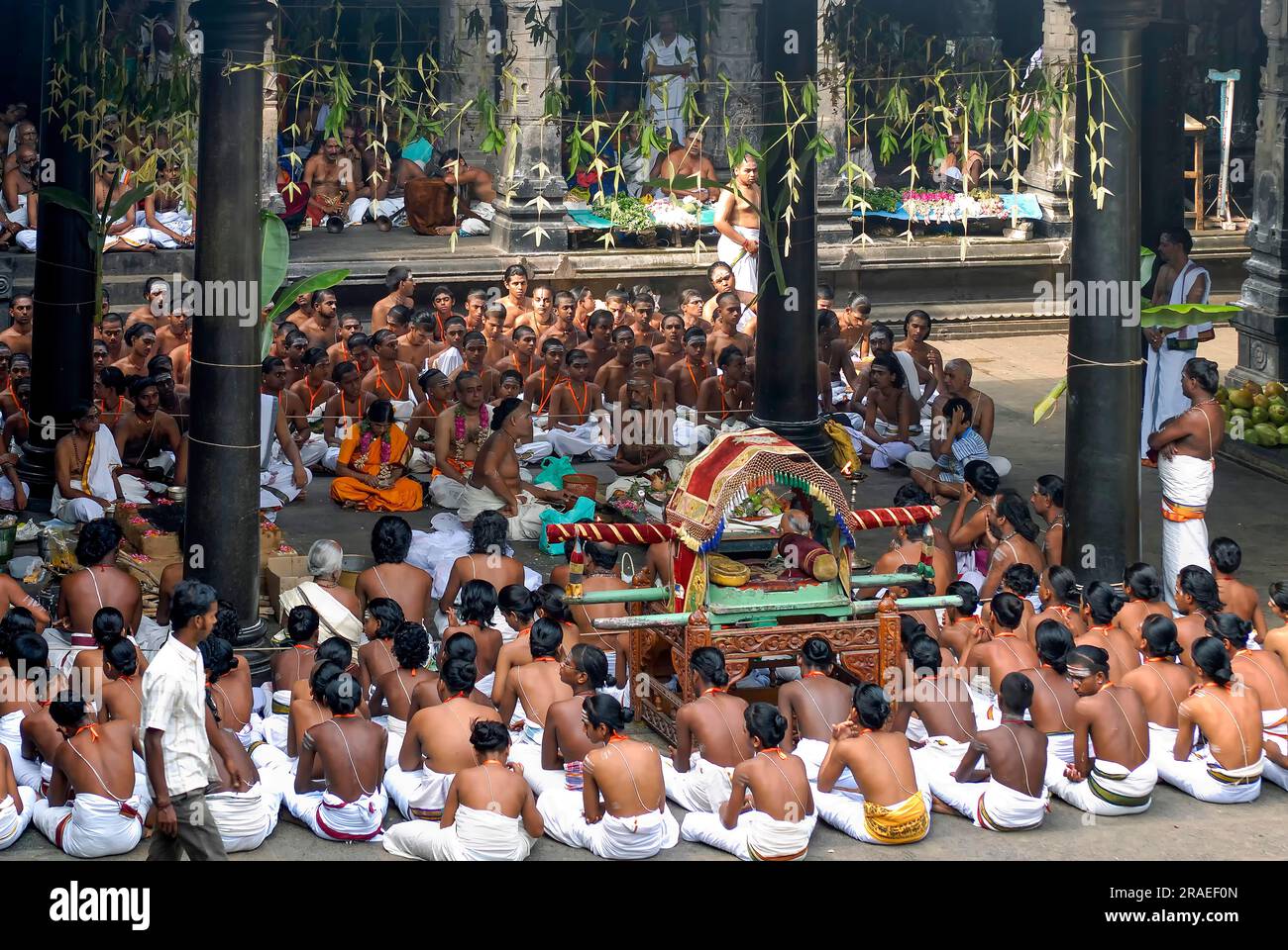 Students of Vedic school witnessing Maha Rudra Homam, yagam yajna performed in Thillai Nataraja temple, Chidambaram, Tamil Nadu, South India, India Stock Photo