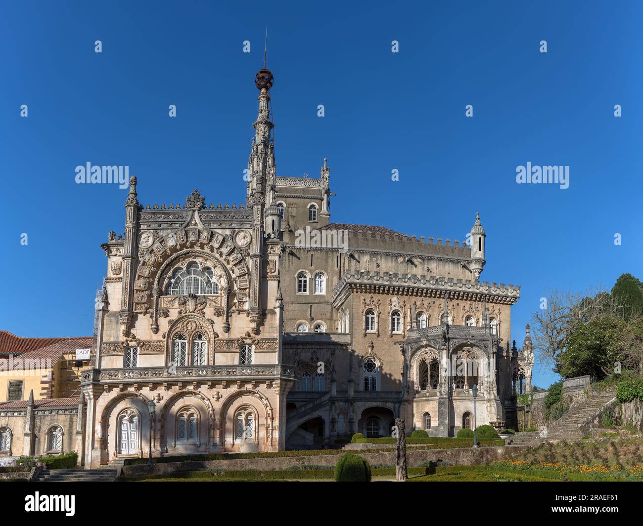 Luso / Aveiro / Portugal - 03 09 2019 : Full view of the back facade of the Bussaco Palace, Romantic palace in Neo-Manueline style monument, romantia« Stock Photo