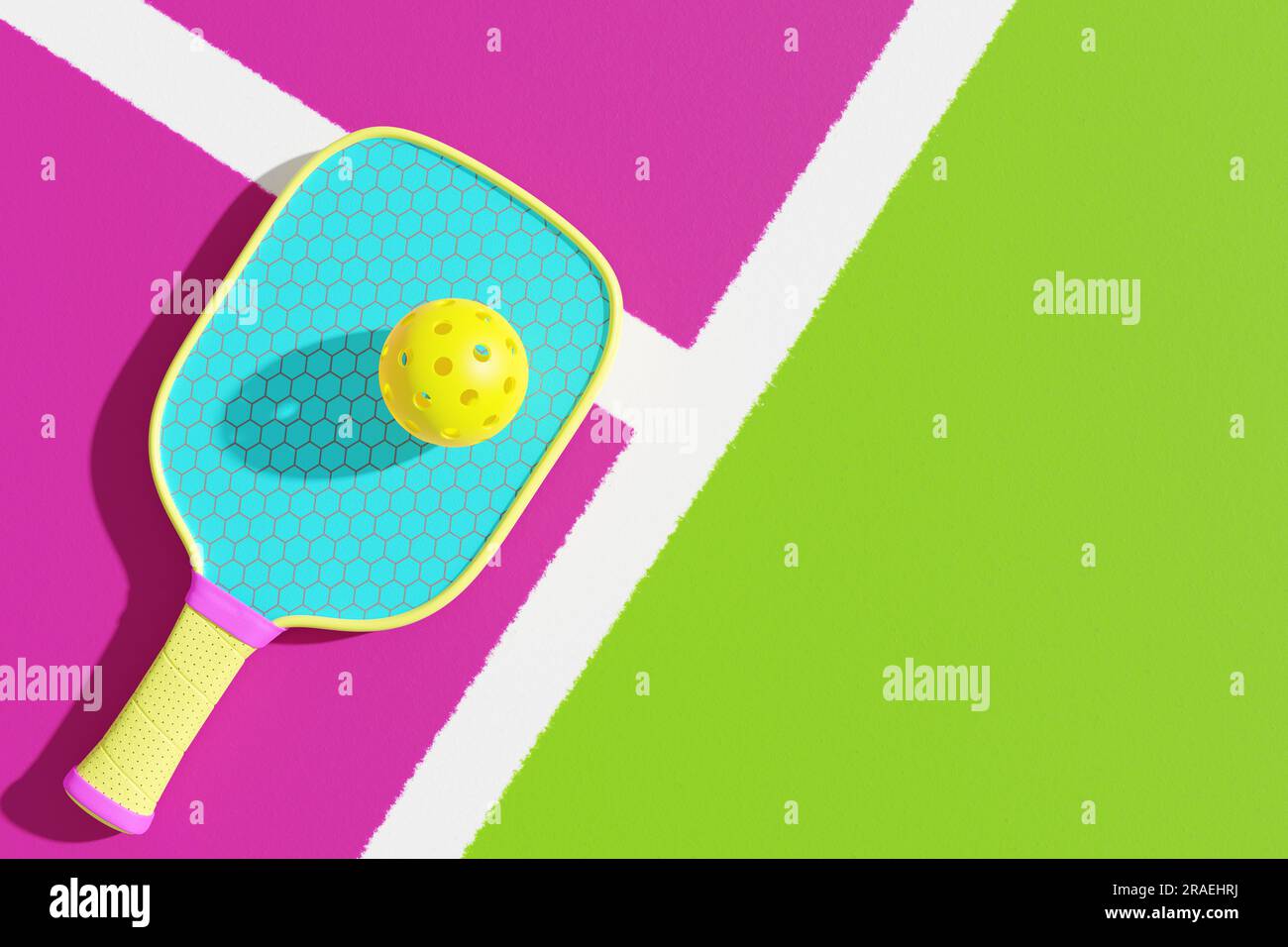 Pickleball court. One racket and ball on the sports ground. 3d