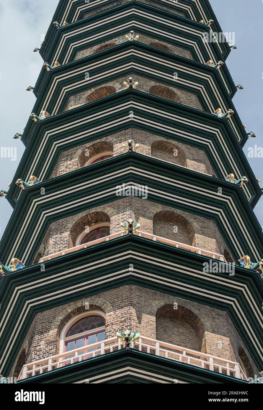 Looking up at The Great Pagoda at Kew Gardens in southwest London, England. The pagoda was constructed by Sir William Chambers in 1761 as a gift to Pr Stock Photo