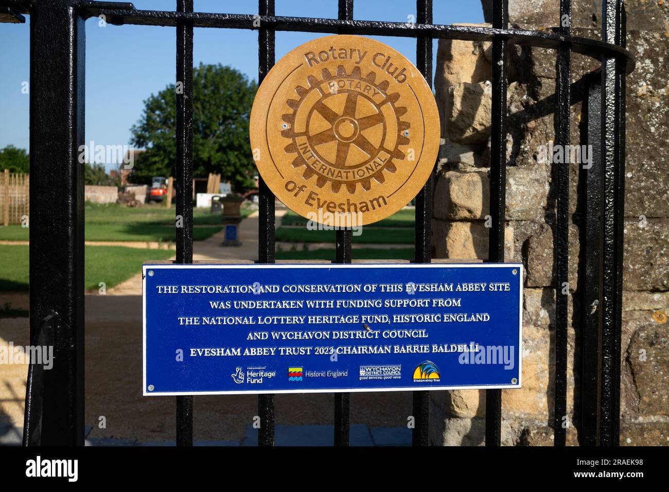 Abbey site restoration sign, Evesham, Worcestershire, England, UK Stock
