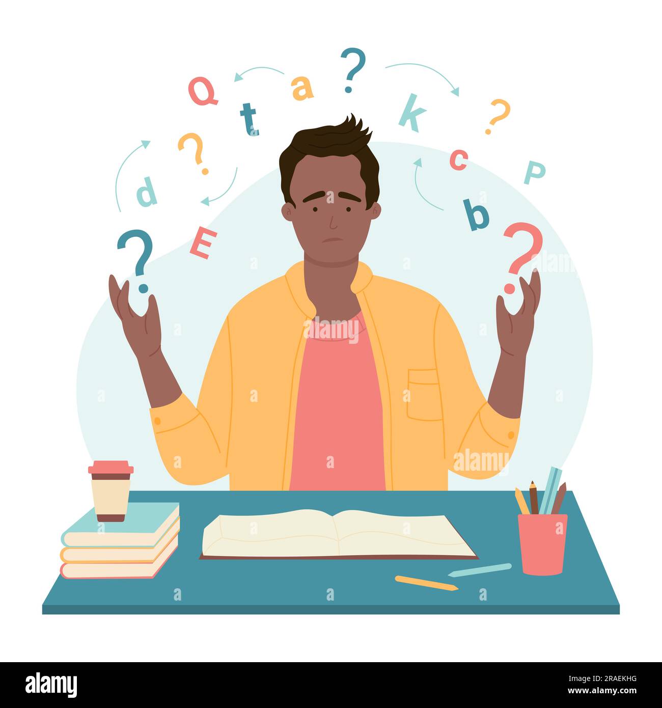 Problems in learning and literacy, dysgraphia and dyslexia disability vector illustration. Cartoon dyslexic confused student sitting at desk with cloud of letters, frustrated boy asking question Stock Vector