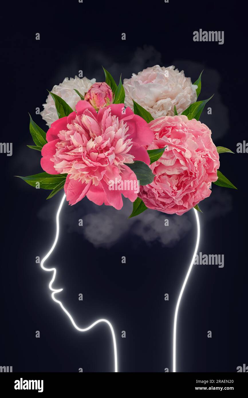 Head silhouette peony flowers clouds thoughts modern creative art