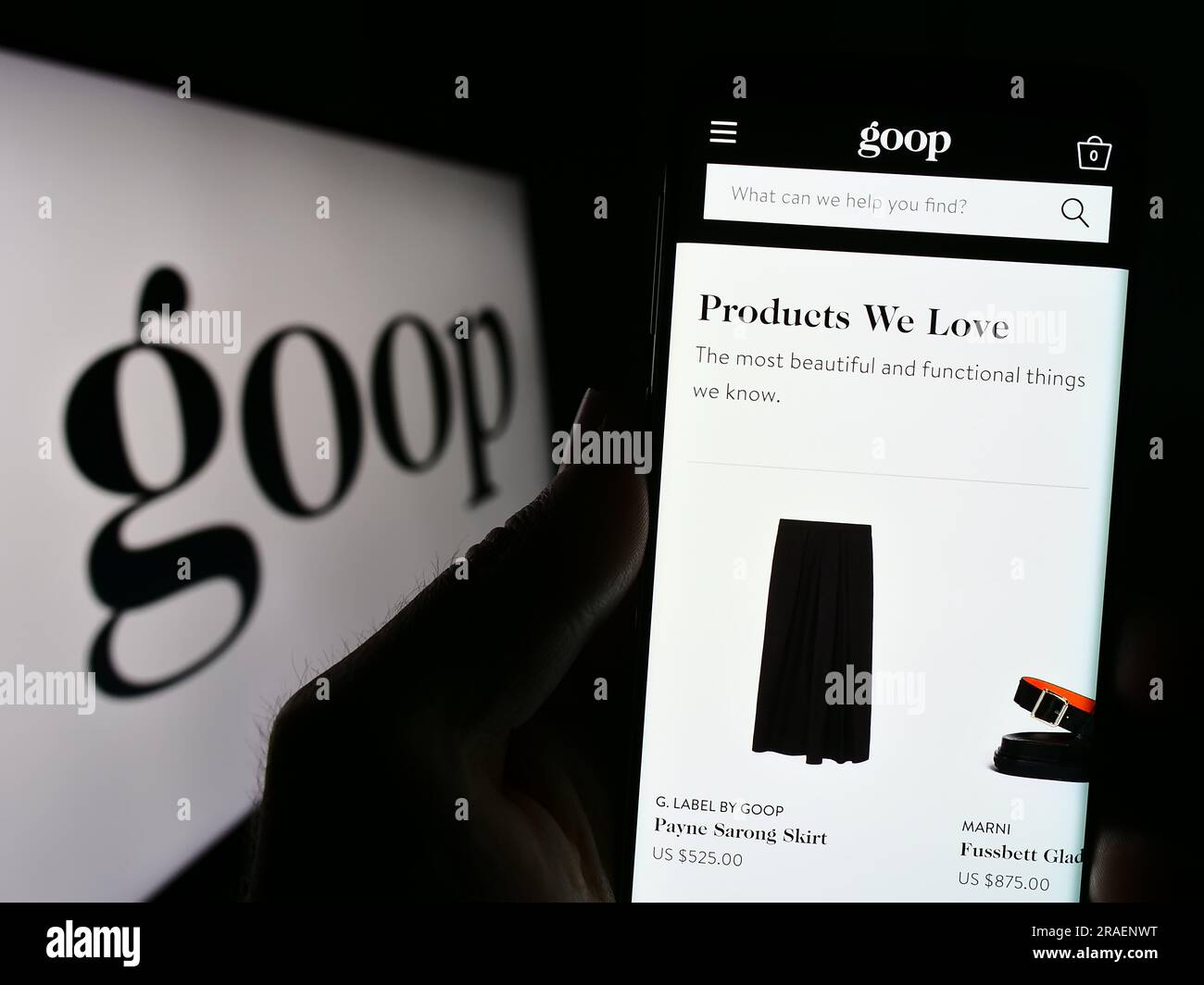 Person holding cellphone with website of US publishing and e-commerce company Goop Inc. on screen with logo. Focus on center of phone display. Stock Photo