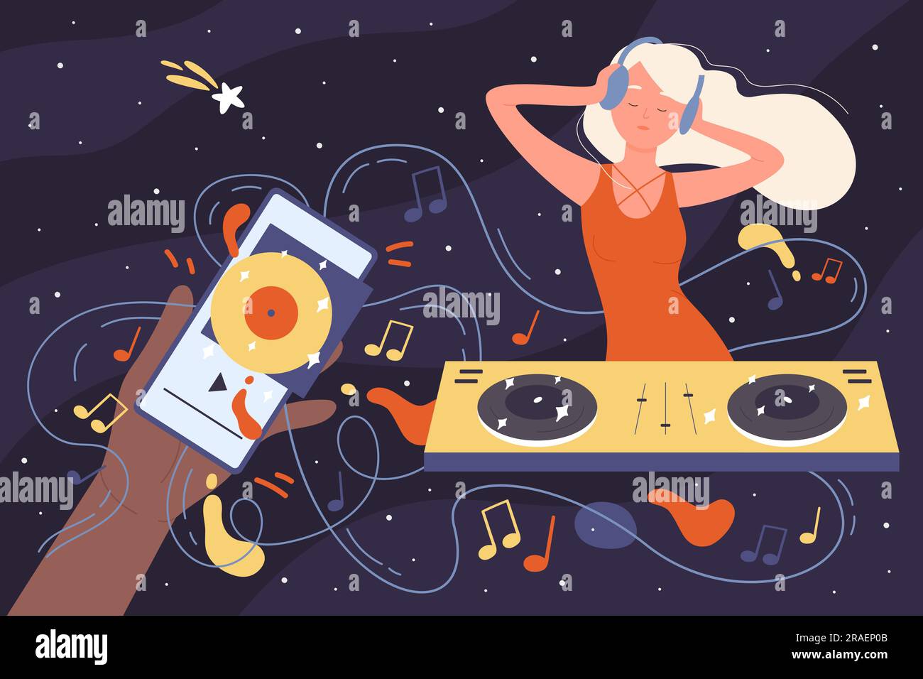 DJ in headphones mixing music at live stream for audience. Cartoon hand