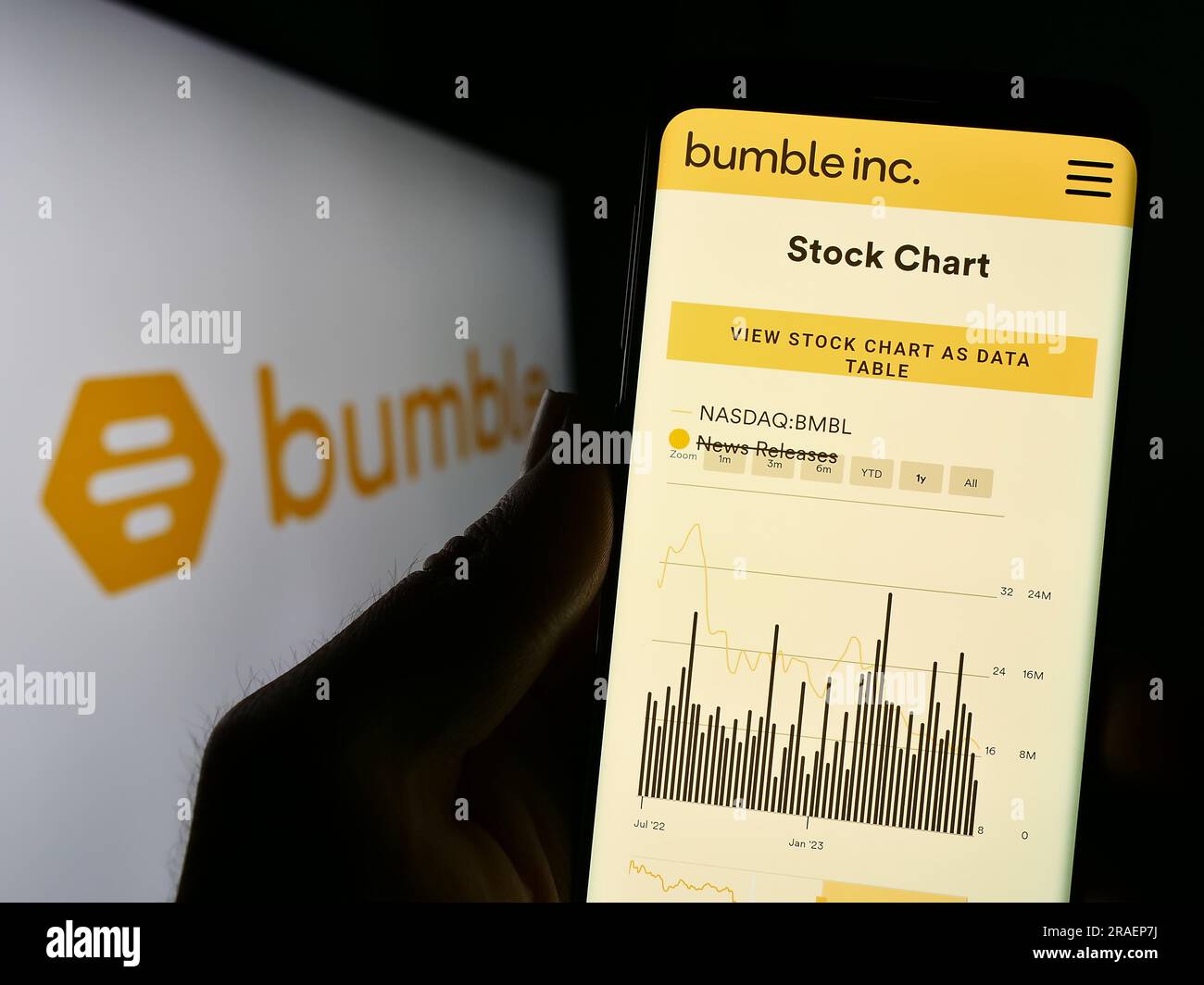 Person holding cellphone with website of US online dating company Bumble Inc. on screen in front of logo. Focus on center of phone display. Stock Photo