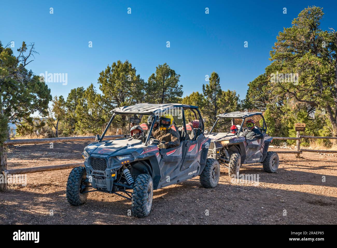 Young adults, UTV recreational vehicles, setting up to get going, Crazy Jug Viewpoint area, North Rim of Grand Canyon, Kaibab Plateau, Kaibab National Forest, Arizona, USA Stock Photo
