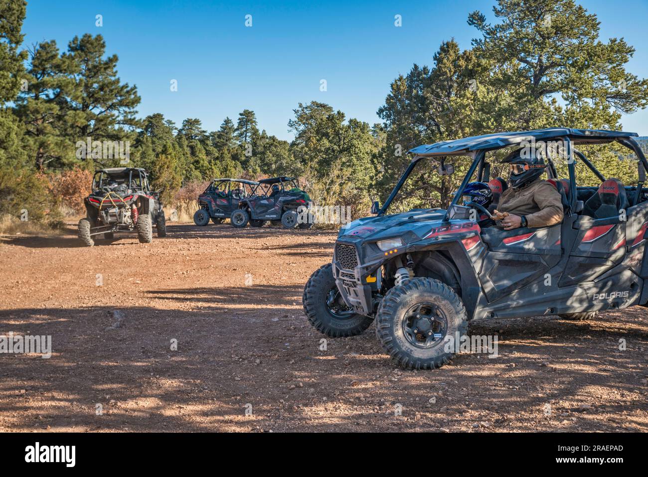 Young adults, UTV recreational vehicles, setting up to get going, Crazy ...