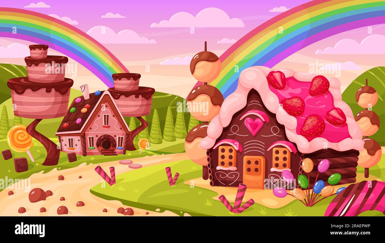 Cute candy land vector illustration. Cartoon fairy tale confectionery background, fantasy candy landscape with rainbow and clouds in sky, sweet chocolate plants and gingerbread houses near milk river Stock Vector