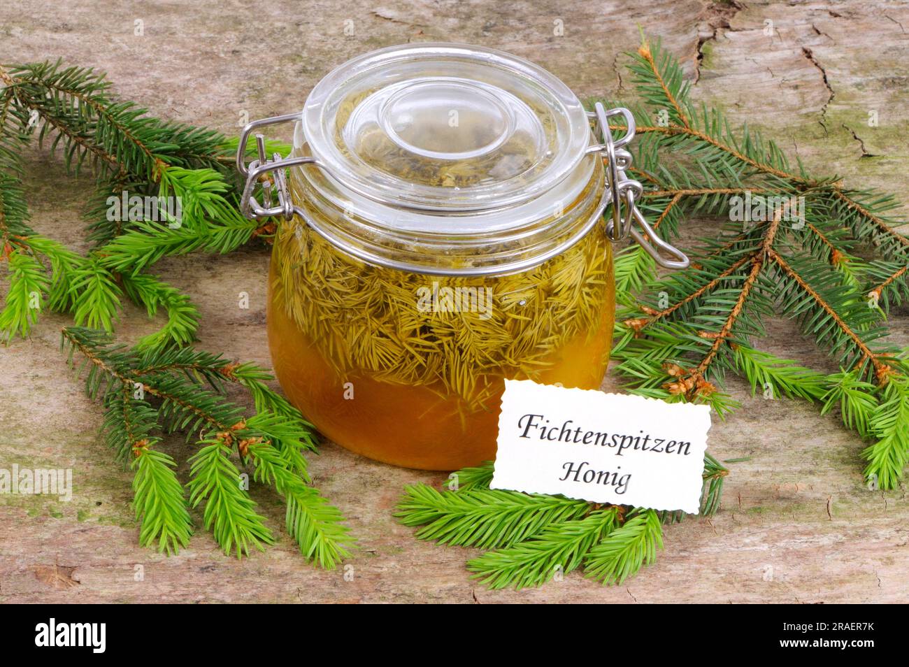 Preserving jar with spruce tip honey, red spruce (Picea abies), honey Stock Photo
