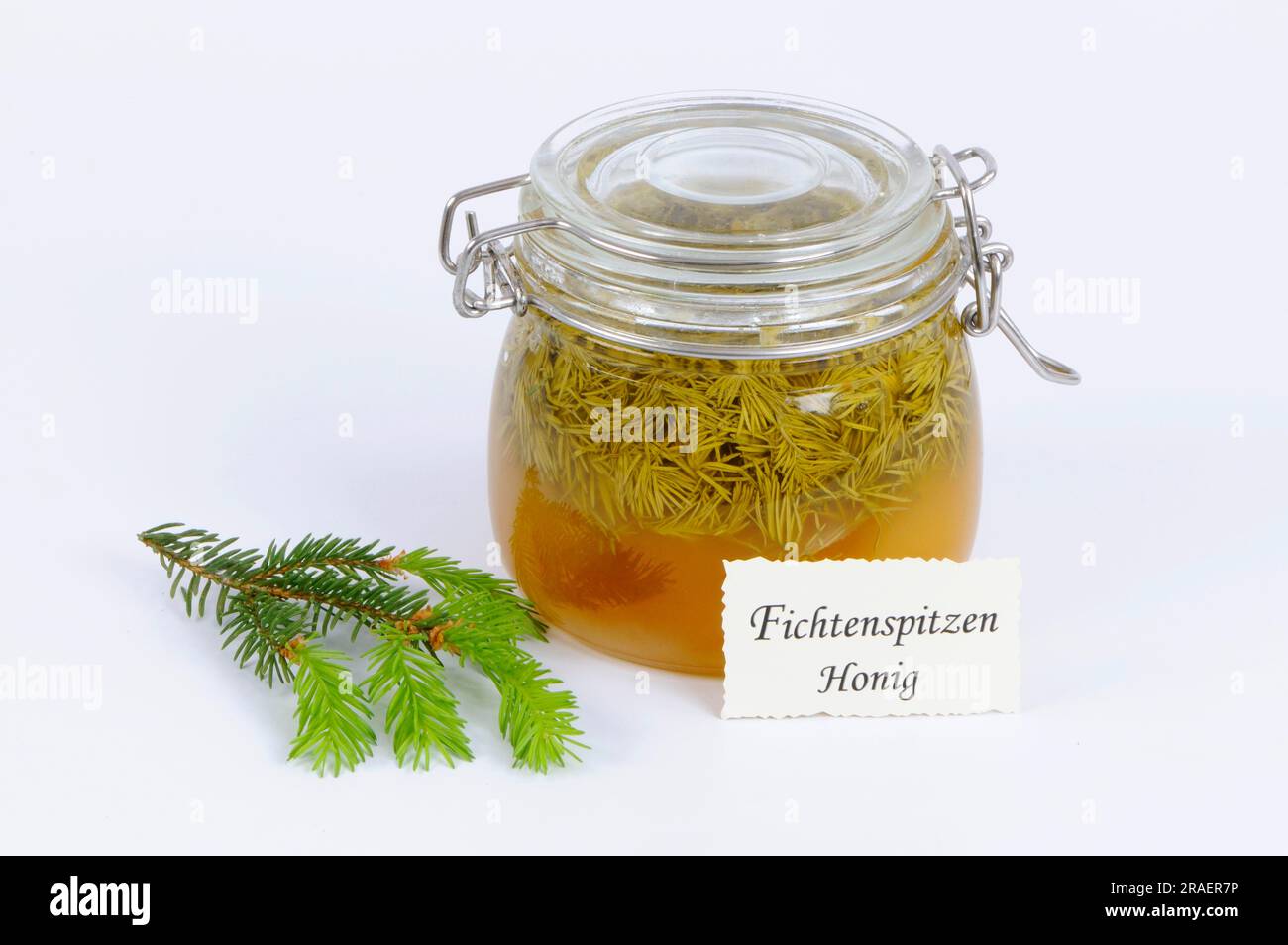 Preserving jar with spruce tip honey, red spruce (Picea abies), honey Stock Photo