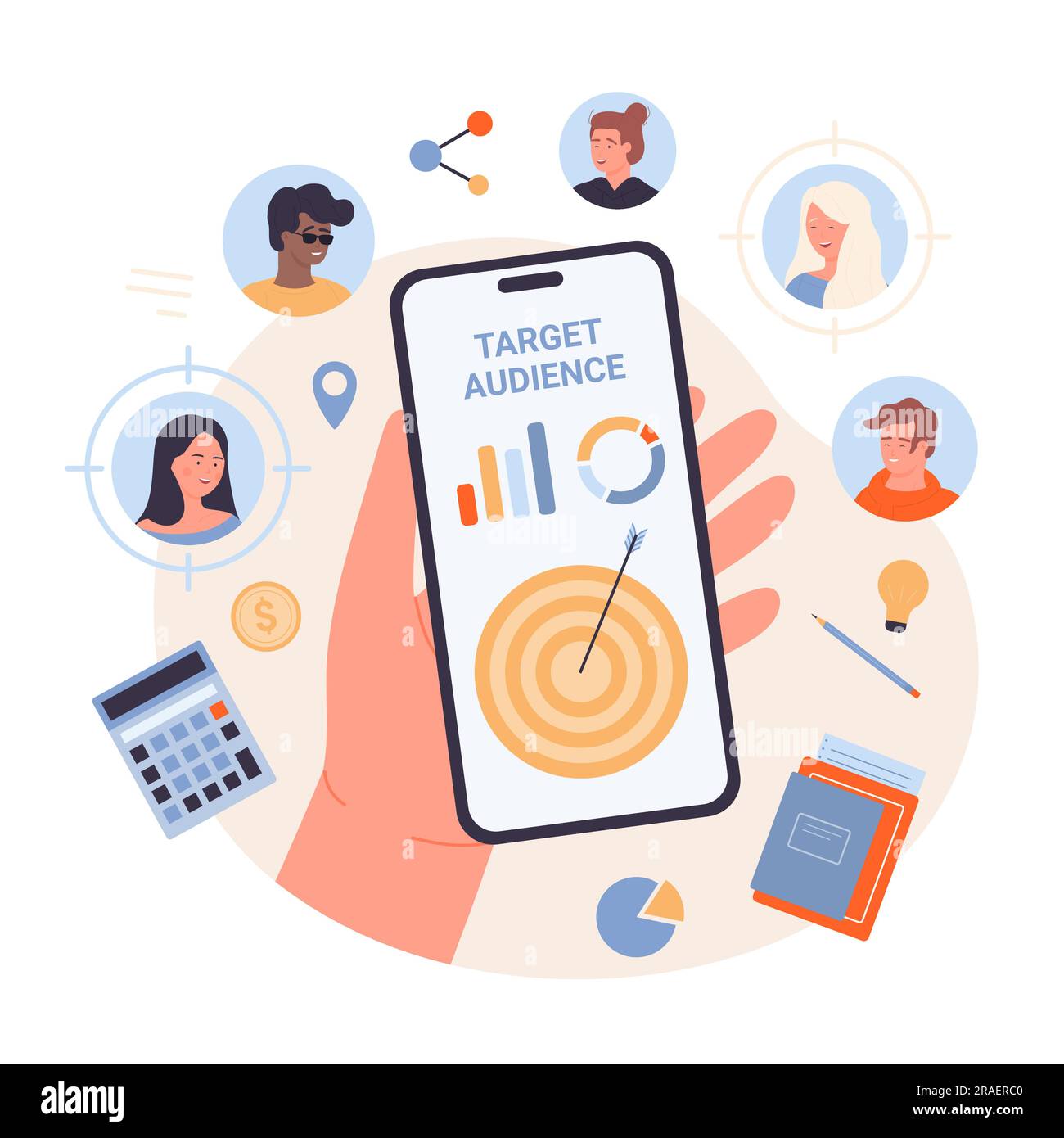 Target audience research and analytics vector illustration. Cartoon