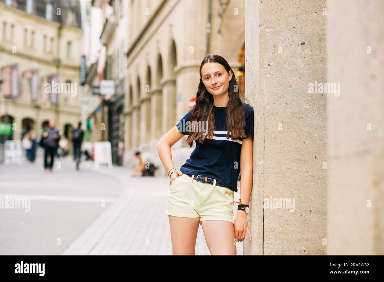 Outdoor portrait of pretty teenage girl on the city street Stock Photo ...