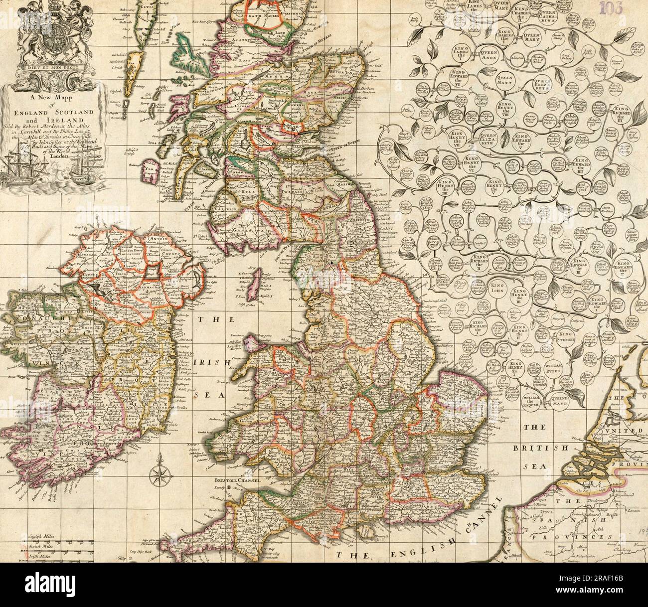 A new map of England, Scotland and Ireland, this map illustrates late 17th century Britain, showing the many towns. A royal family tree describes each of the heirs to the throne after William the Conqueror, Historical, digitally restored reproduction from a 19th century original  /  Eine neue Landkarte von England, Schottland und Irland, diese Karte veranschaulicht das Großbritannien des späten 17. Jahrhunderts, und zeigt die zahlreichen Städte. Ein königlicher Stammbaum beschreibt die einzelnen Thronfolger nach Wilhelm dem Eroberer, Historisch, digital restaurierte Reproduktion von einer Vorl Stock Photo