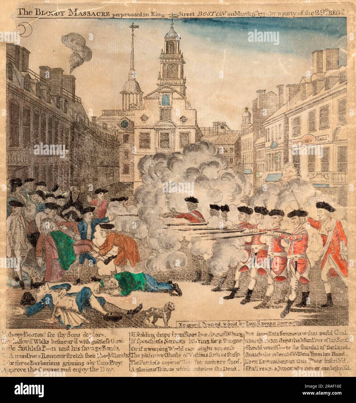 Boston Massacre, Boston Massacre, an incident during the American Revolution on March 5, 1770, in which five civilians were killed by British troops. Called a massacre for propaganda purposes, the event became a beacon for groups pursuing independence for the colonies and contributed to the outbreak of the American War of Independence, Historic, digitally restored reproduction from a 19th century original  /  Massaker von Boston, Boston Massacre, ein Vorfall während der Amerikanischen Revolution am 5. März 1770, bei dem fünf Zivilisten von britischen Truppen getötet wurden. Das zum Zweck der P Stock Photo