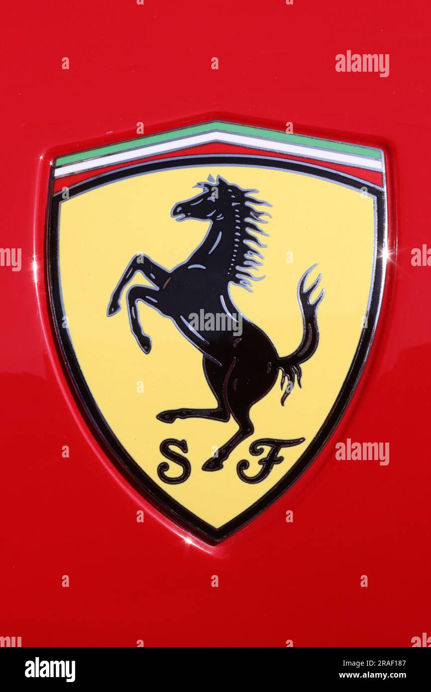 One of the most recognisable motoring emblems in the World, the Scuderia Ferrari shield dating back to 1929 when Ferrari ran Alfa Romeo team cars. Stock Photo