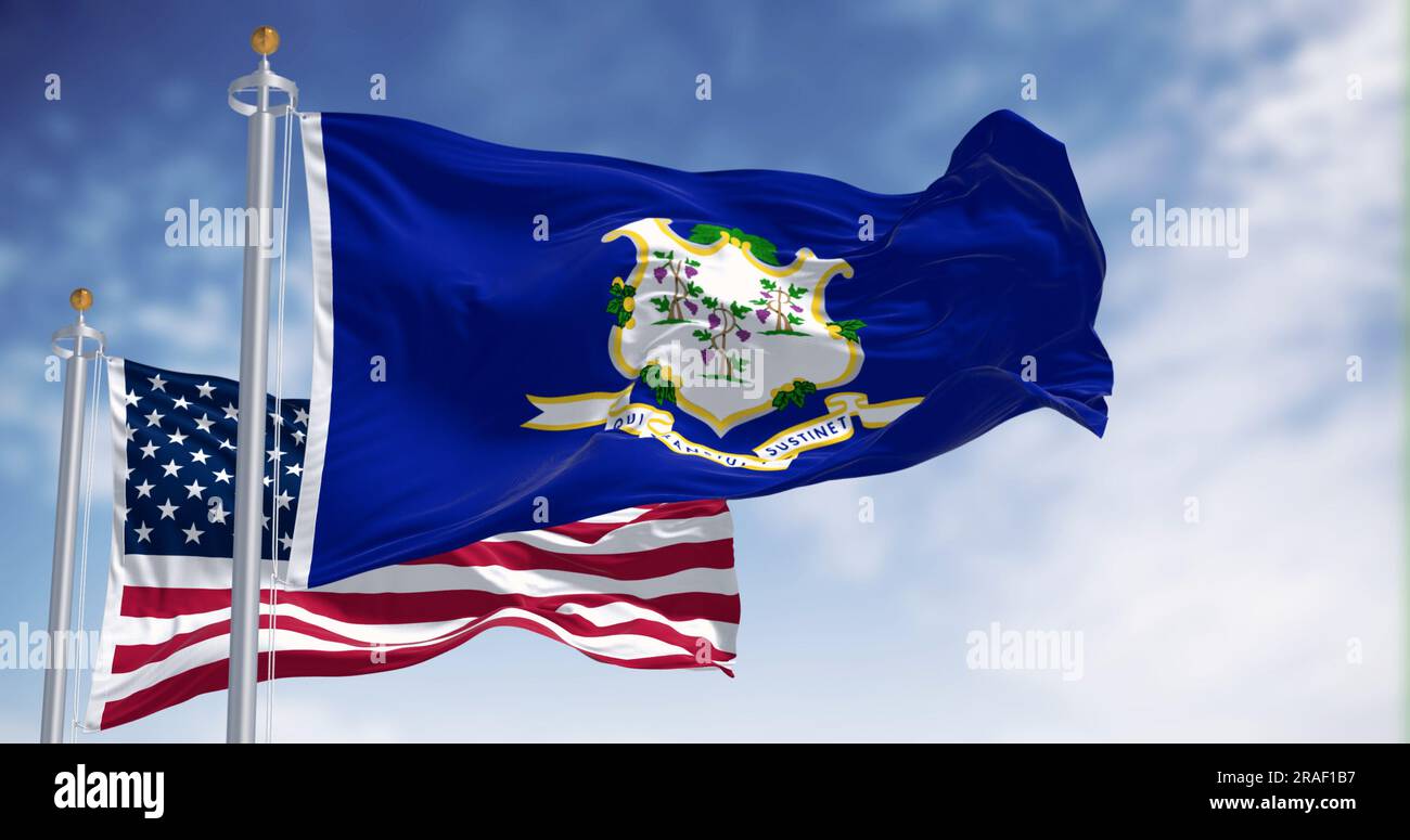 Connecticut and the United states flags waving in the wind on a clear day. 3d illustration render. Fluttering fabric Stock Photo