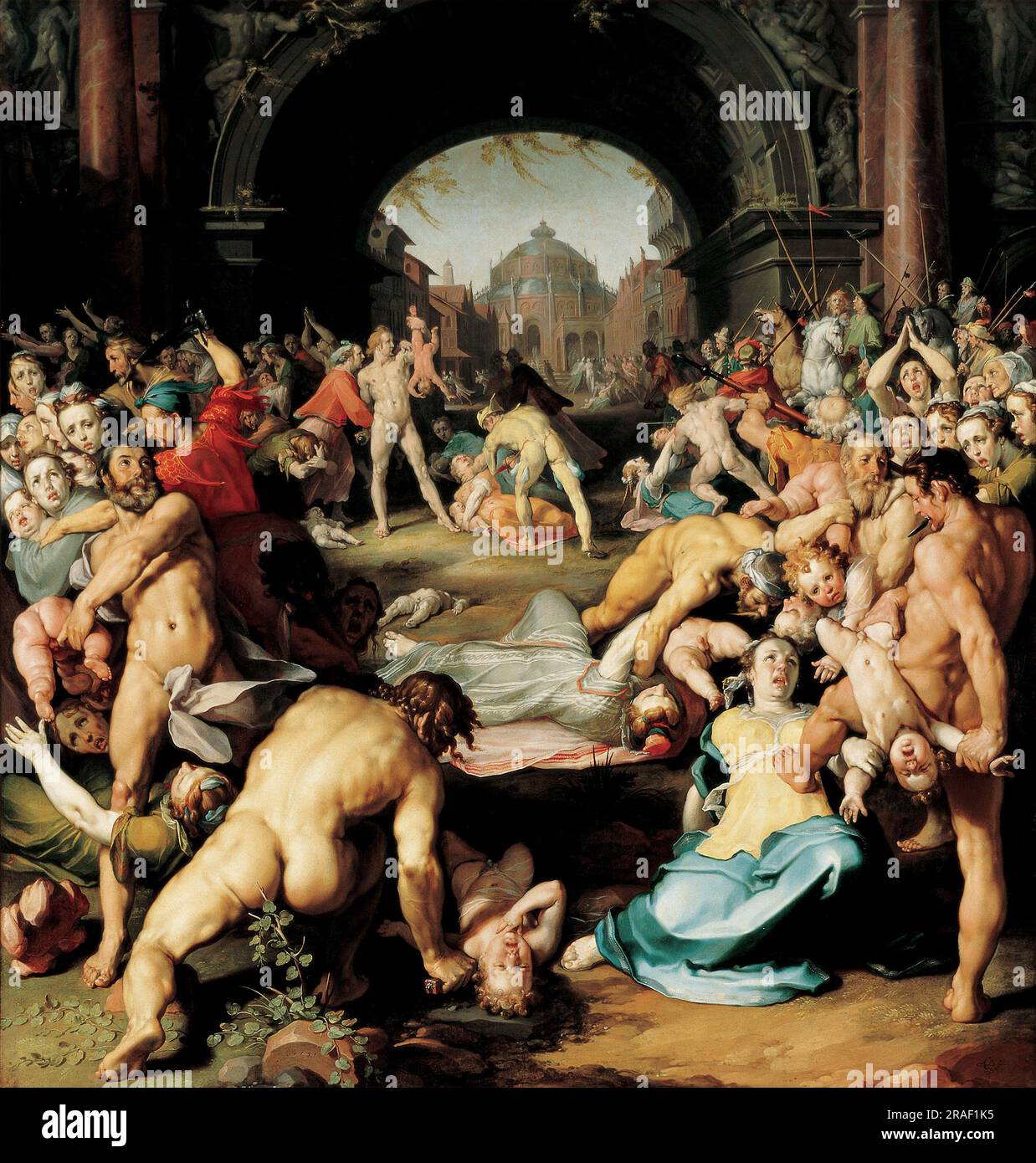 The Massacre of the Innocents, painting by Cornelis Cornelisz van Haarlem, c. 1591, Historical, digitally restored reproduction from a 19th century original  /  Das Massaker an den Unschuldigen, Gemälde von Cornelis Cornelisz van Haarlem, um 1591, Historisch, digital restaurierte Reproduktion von einer Vorlage aus dem 19. Jahrhundert Stock Photo