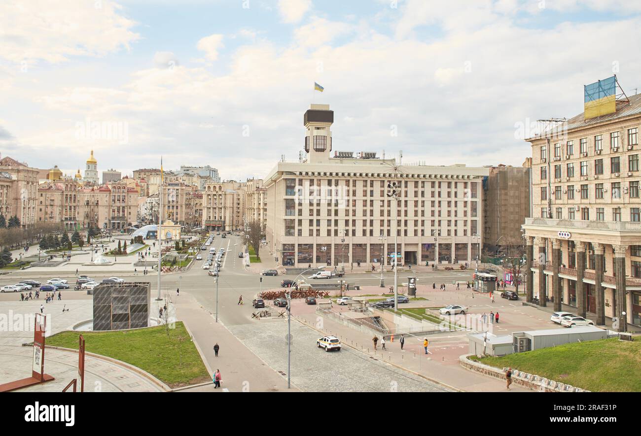 Kyiv, Ukraine - 03.27.2023: Independence Square and Khreshchatyk Street in war time in Kyiv, Ukraine. War of Russia against Ukraine. View of Maidan Ne Stock Photo