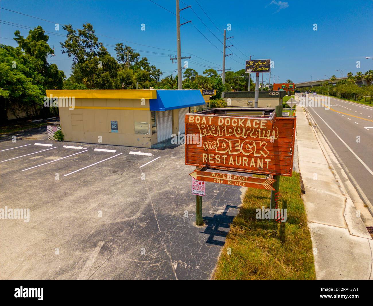 Stuart, FL, USA July 1, 2023 Aerial photo old sign Harbor Inn The
