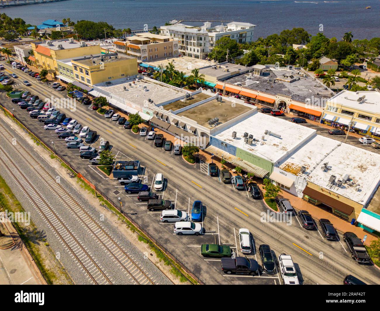 Stuart, FL, USA July 1, 2023 Aerial photo historic Downtown Stuart