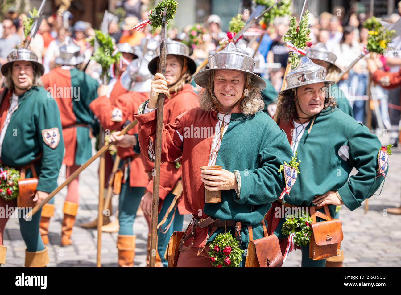 Landshut, GERMANY - July 2, 2023: The historical pageant 'Landshuter Hochzeit' celebrating the 1475 wedding of Hedwig and George. Participants of the Stock Photo