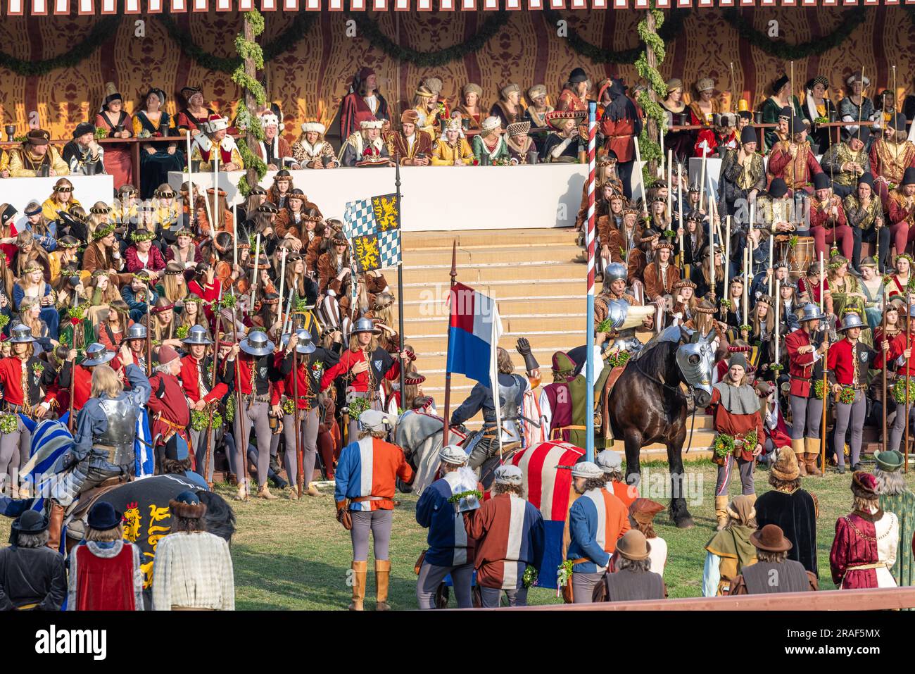 Landshut, GERMANY - July 2, 2023: The historical pageant 'Landshuter Hochzeit' celebrating the 1475 wedding of Hedwig and George. The knights are swor Stock Photo
