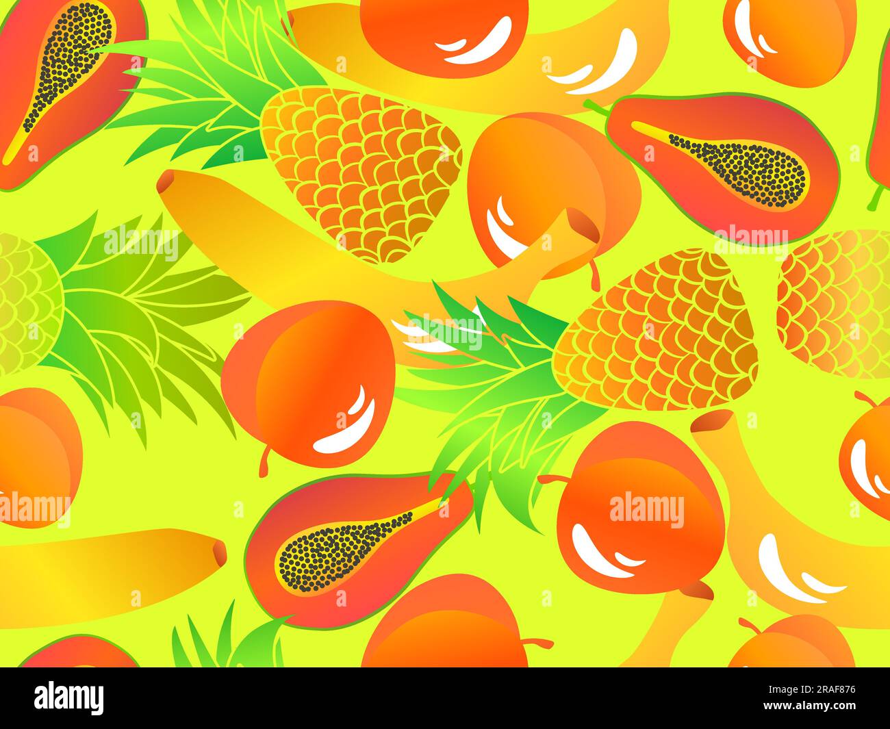 Seamless pattern with papaya, peach, pineapple, banana. Summer exotic