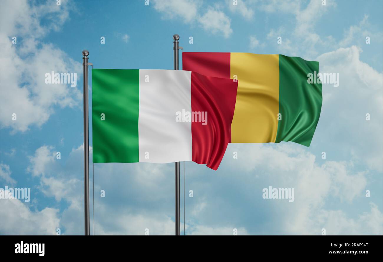 Republic of Guinea flag and Italy flag waving together on blue sky, two country cooperation concept Stock Photo