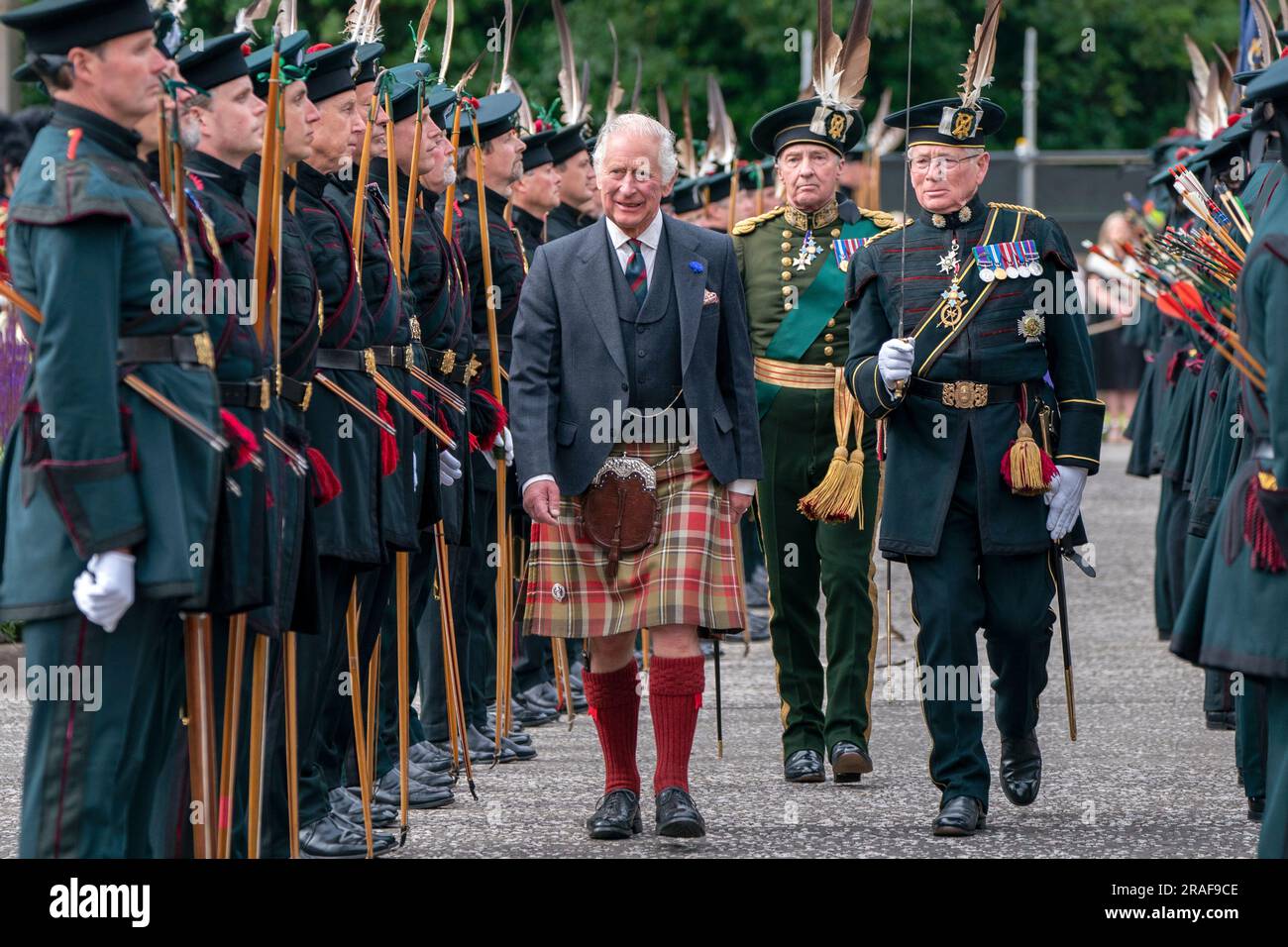 King Charles III inspects the Royal Company of Archers Guard of Honour