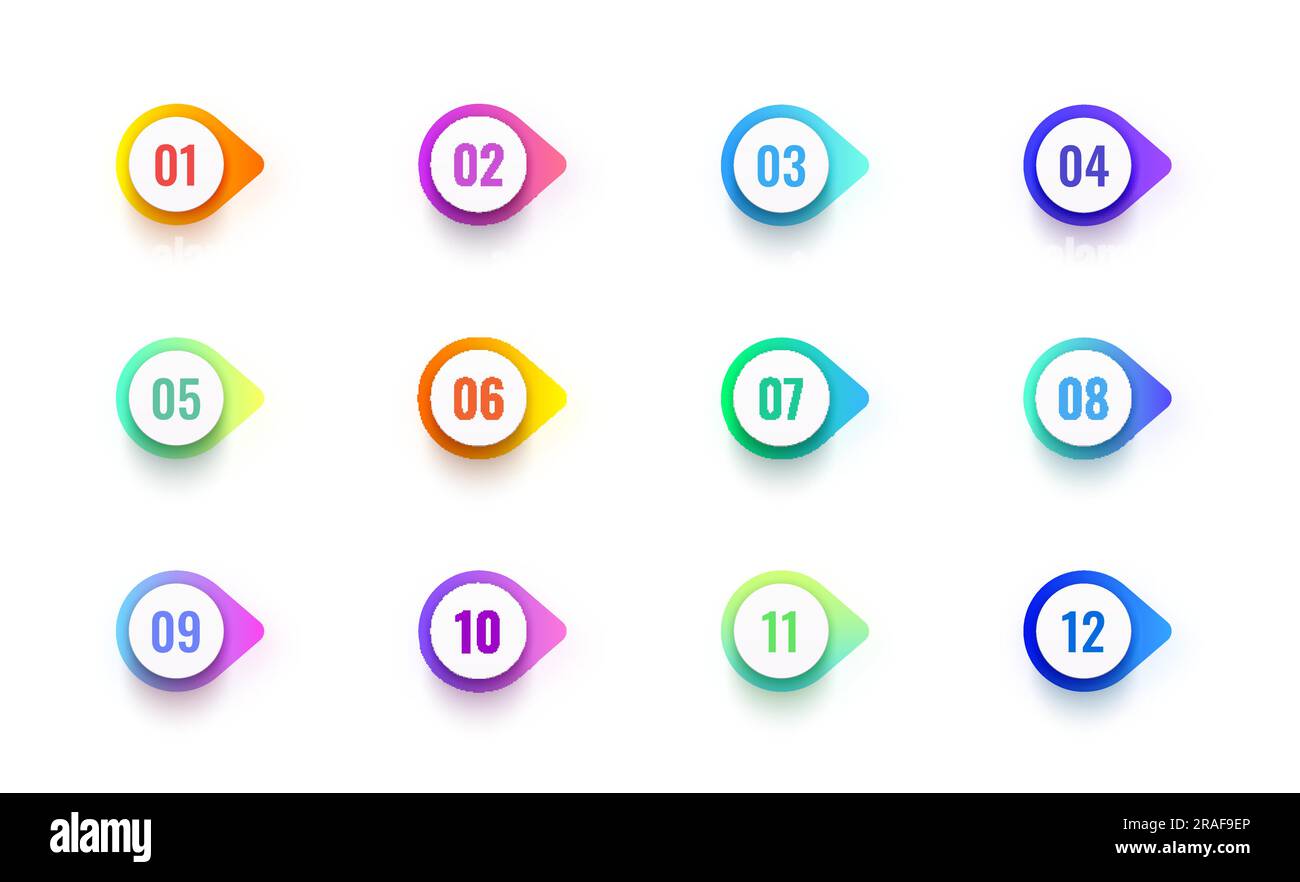 Number bullet points, tags, icons and buttons. Bullet or numbered list vector markers set. Isolated colorful numbers in modern gradient frames with shadow. Presentation and infographics elements Stock Vector