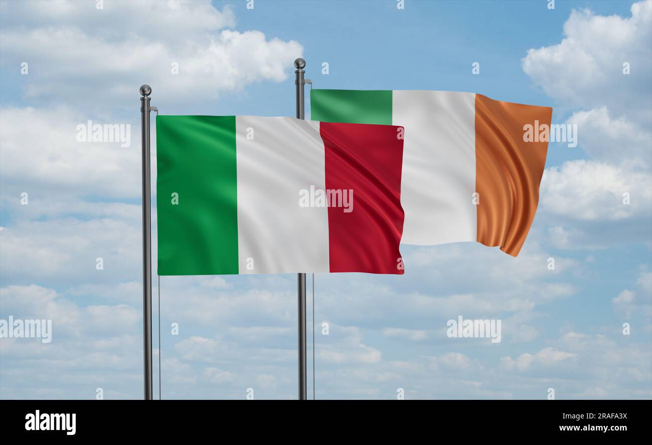 Irish Italian Unity Ireland and Italy flag waving together in the wind on blue sky, two ...