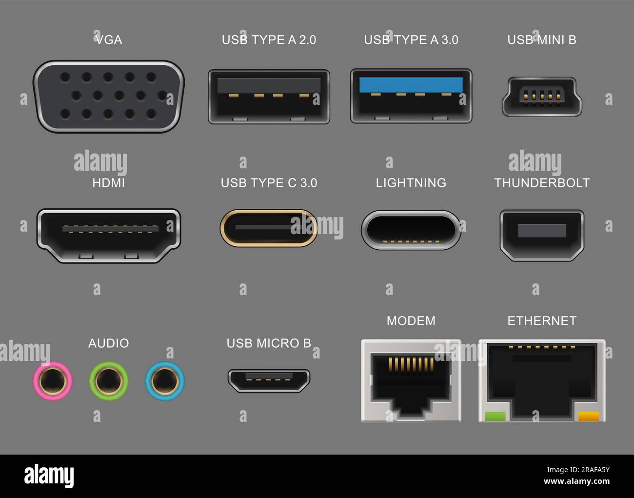 Connector and charge ports. Usb and vga, hdmi and audio realistic sockets for gadget and electronics device, laptop, modem, ethernet. Vector thunderbolt, lightning, mini or micro usb plug types Stock Vector