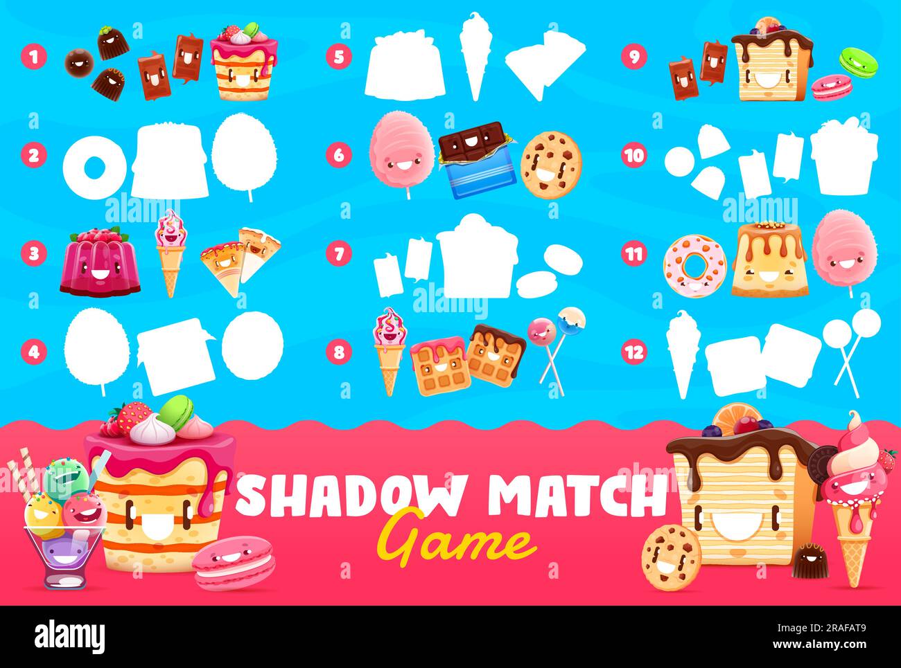 Shadow match game cartoon sweets, dessert and ice cream characters. Kids mind development jigsaw