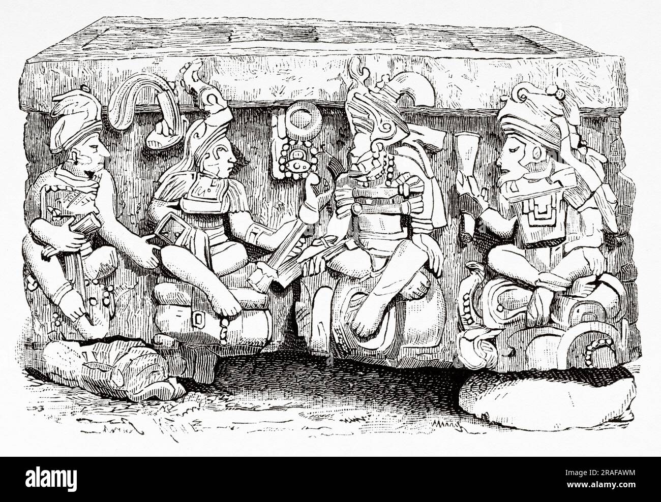 West Court. Altar Q, Copan archaeological site. Honduras. Central America. Trip To The Yucatan And The Land Of The Lacandons By Désiré Charnay 1880. Old 19th century engraving from Le Tour du Monde 1906 Stock Photo