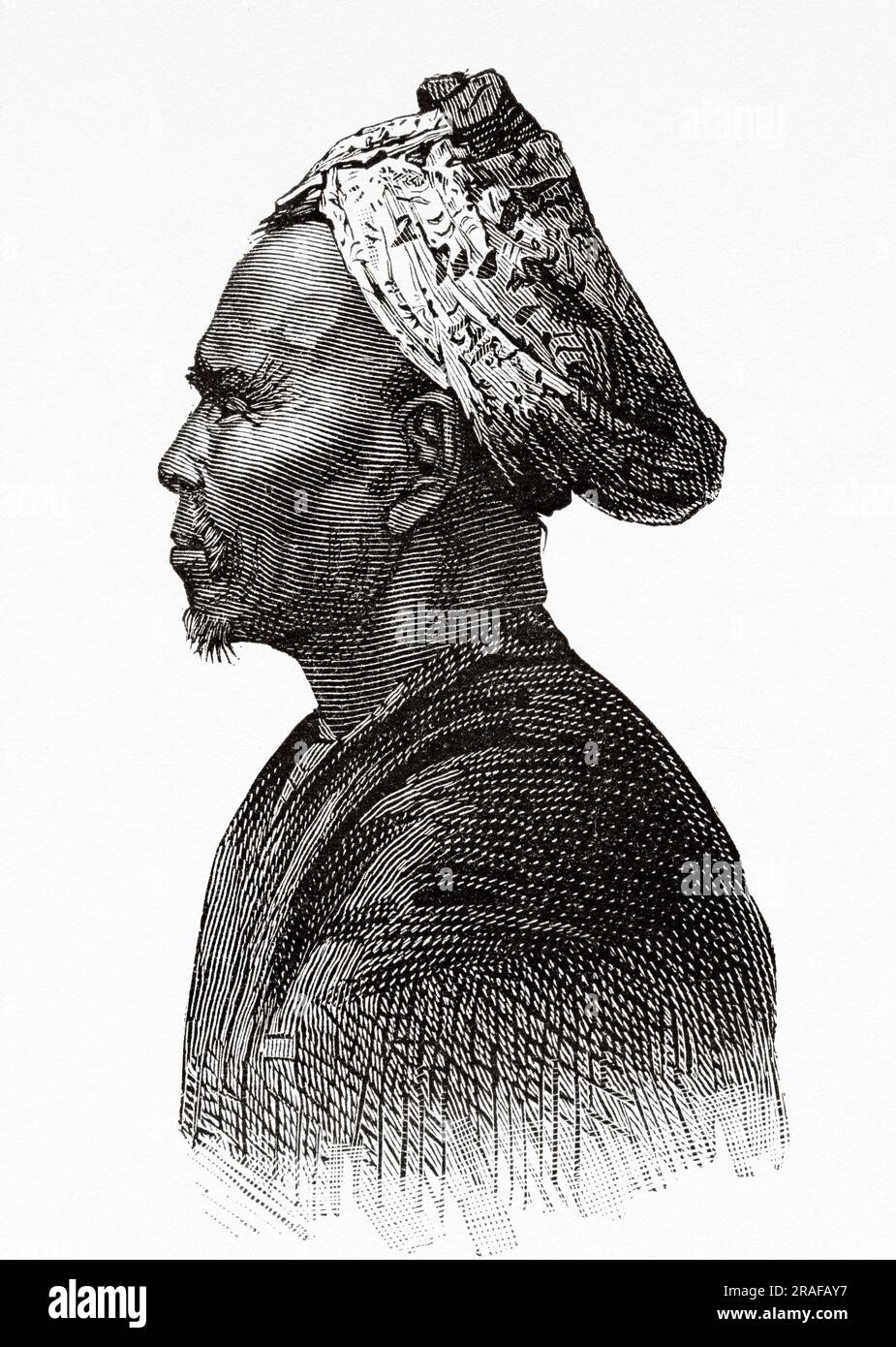 Bugis native man, Borneo. Indonesia. Journey to the Philippines and Malaysia by Dr. J. Montano 1879-1881. Old 19th century engraving from Le Tour du Monde 1906 Stock Photo