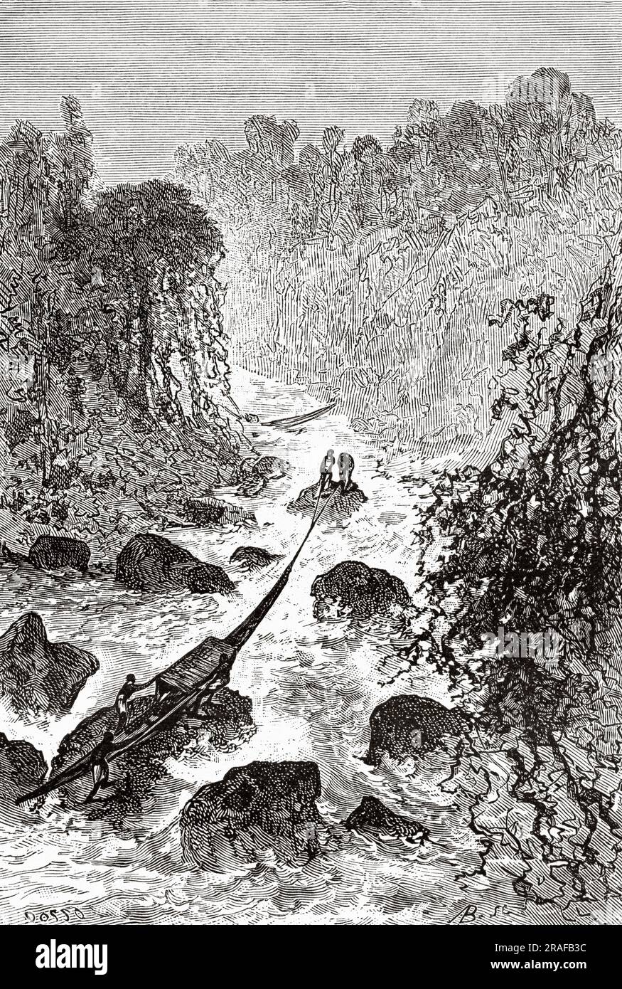 A rapid on the Sahug river, Mindanao, Philippines island. Indonesia. Journey to the Philippines and Malaysia by Dr. J. Montano 1879-1881. Old 19th century engraving from Le Tour du Monde 1906 Stock Photo