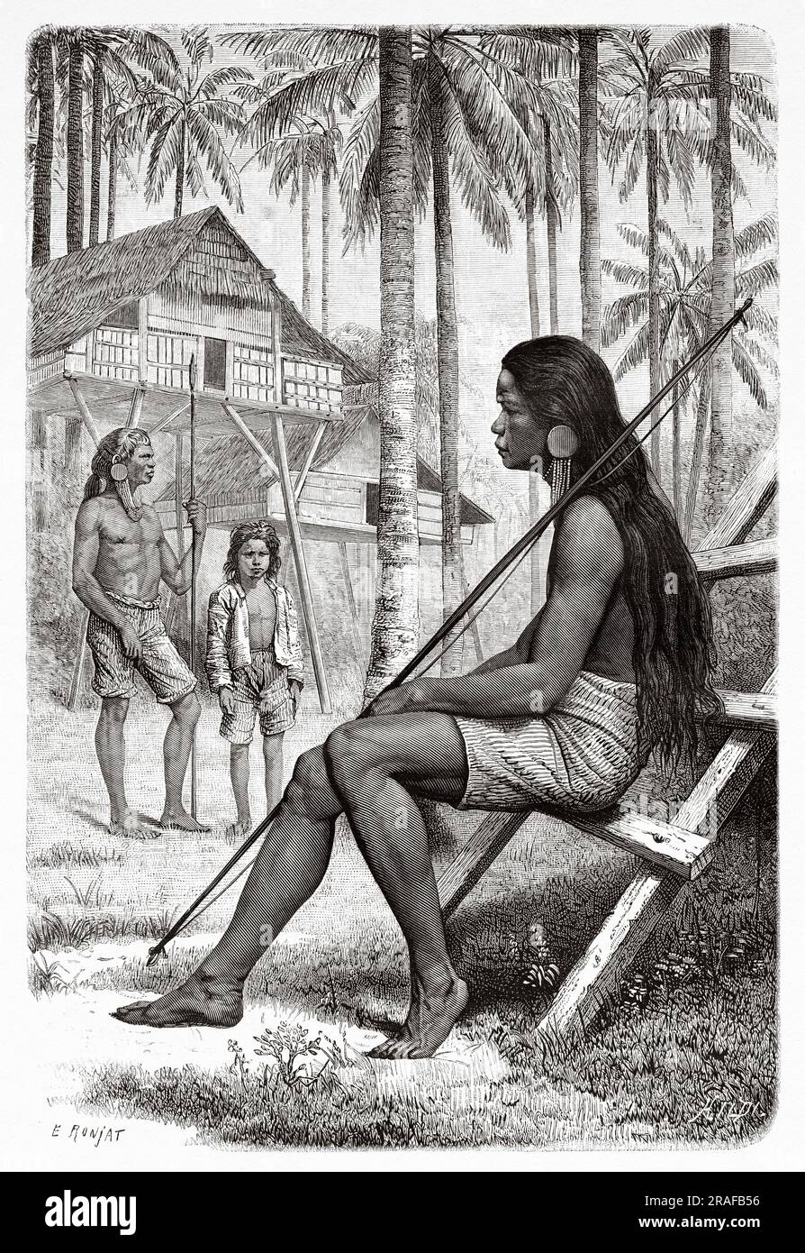 Guianga warrior, Mindanao, Philippines island. Indonesia. Journey to the Philippines and Malaysia by Dr. J. Montano 1879-1881. Old 19th century engraving from Le Tour du Monde 1906 Stock Photo