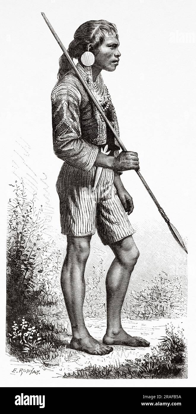 Mandaya warrior, central Mindanao, Philippines island. Indonesia. Journey to the Philippines and Malaysia by Dr. J. Montano 1879-1881. Old 19th century engraving from Le Tour du Monde 1906 Stock Photo